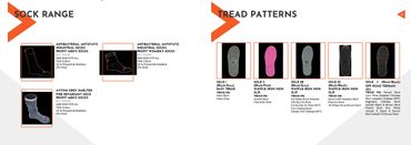 Overview of sock range and shoe tread patterns with detailed descriptions.