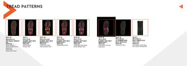 Various tread patterns for different shoe types displayed with detailed sole images.