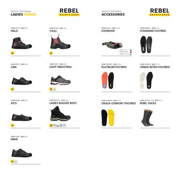 Safety footwear catalog featuring ladies' shoes, boots, and accessories from Rebel Safety Gear.