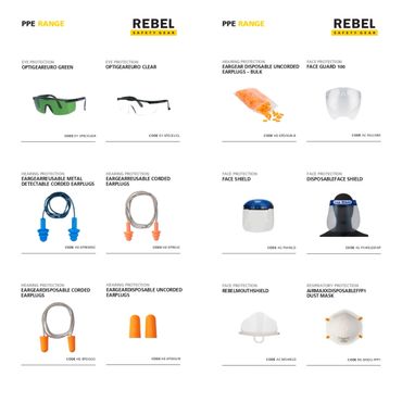 Personal protective equipment (PPE) including goggles, earplugs, face shields, and masks.