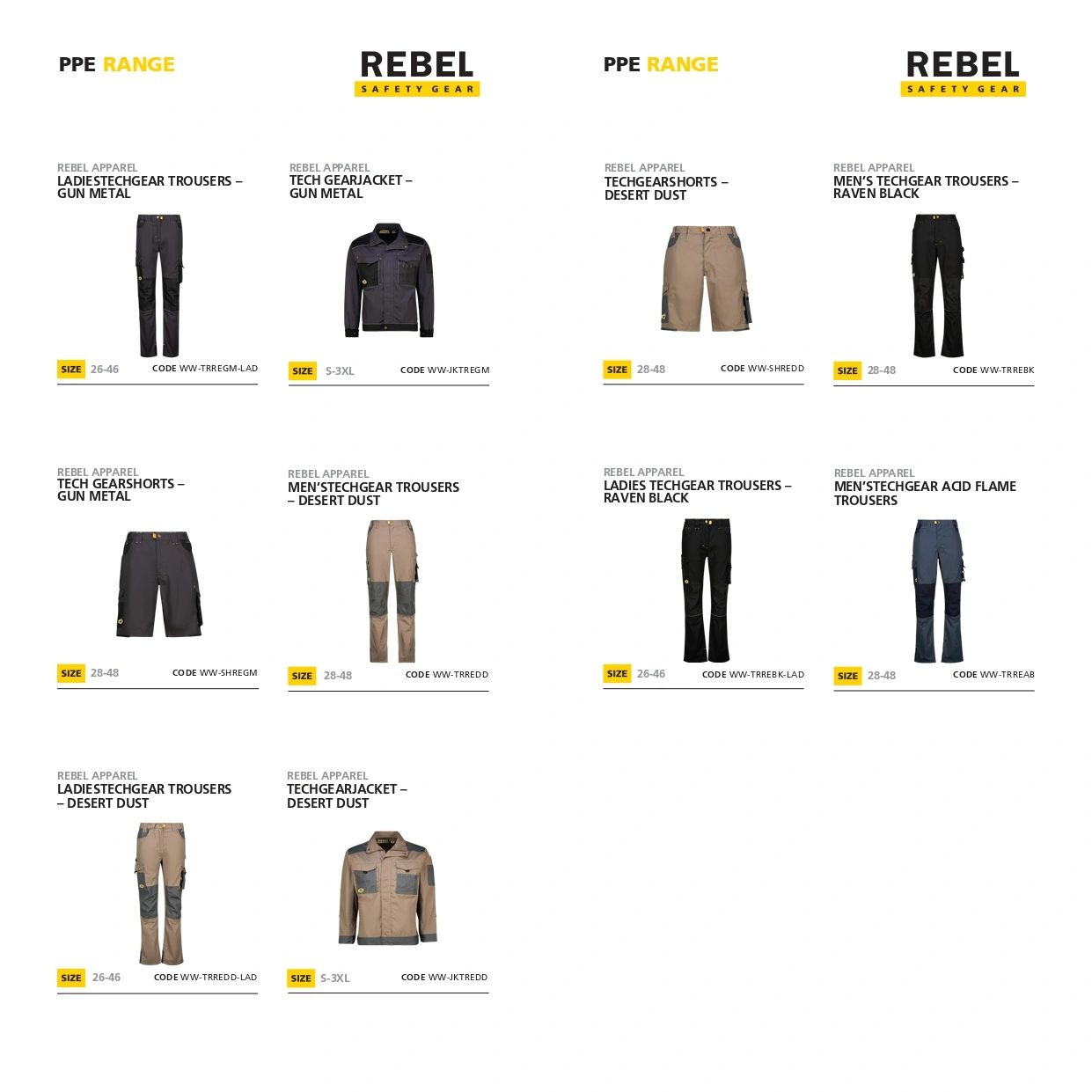 Catalog page featuring various styles of Rebel Safety Gear trousers and jackets in neutral tones.