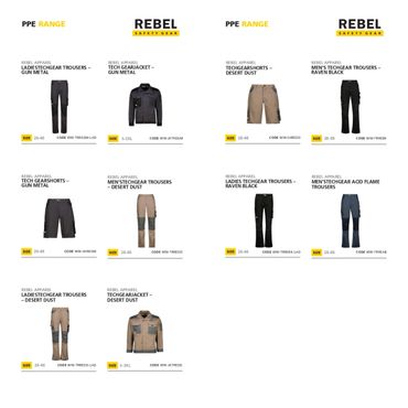 Catalog page featuring various styles of Rebel Safety Gear trousers and jackets in neutral tones.