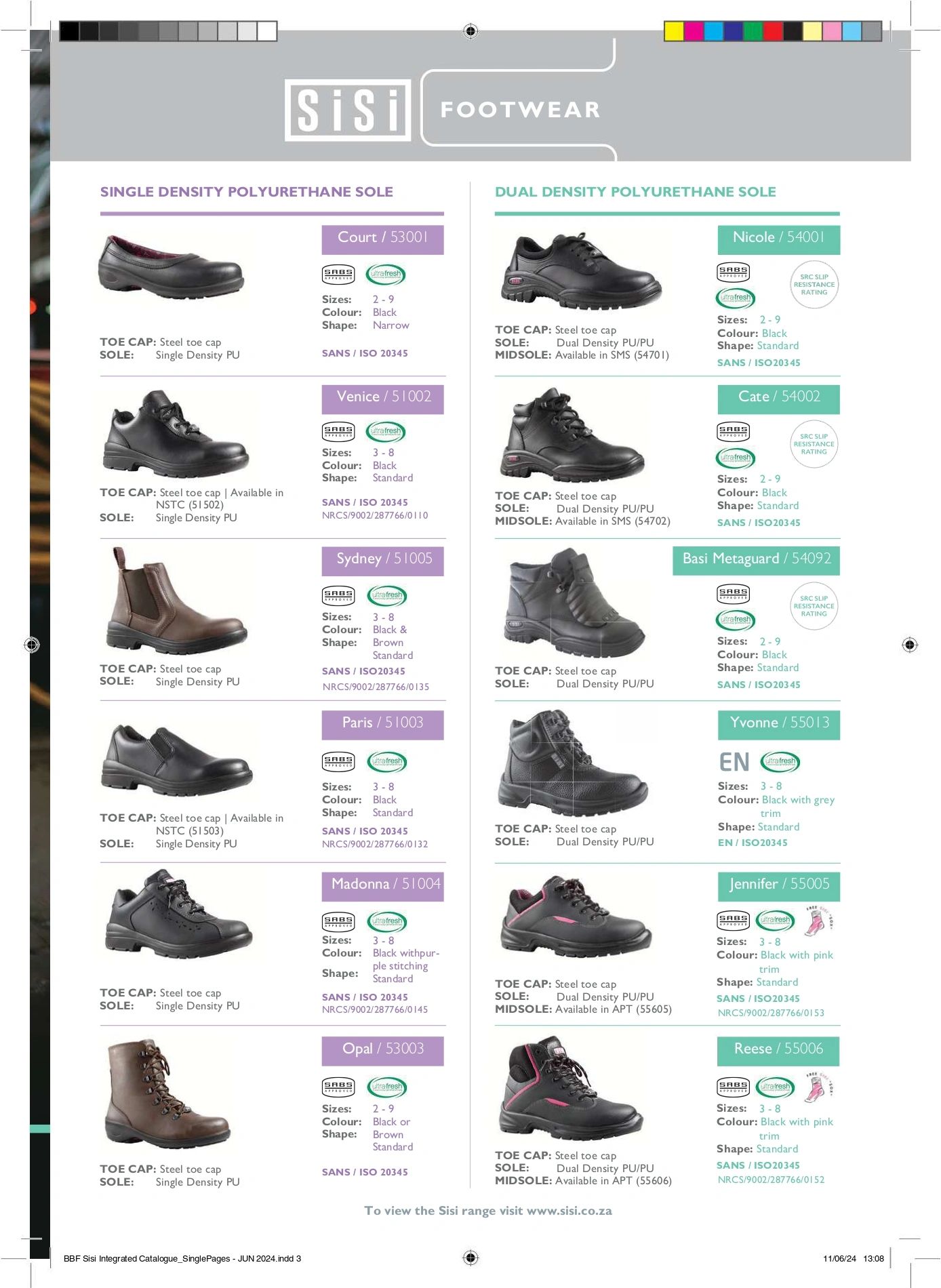 Catalog page displaying various SISI footwear models with descriptions and specifications.