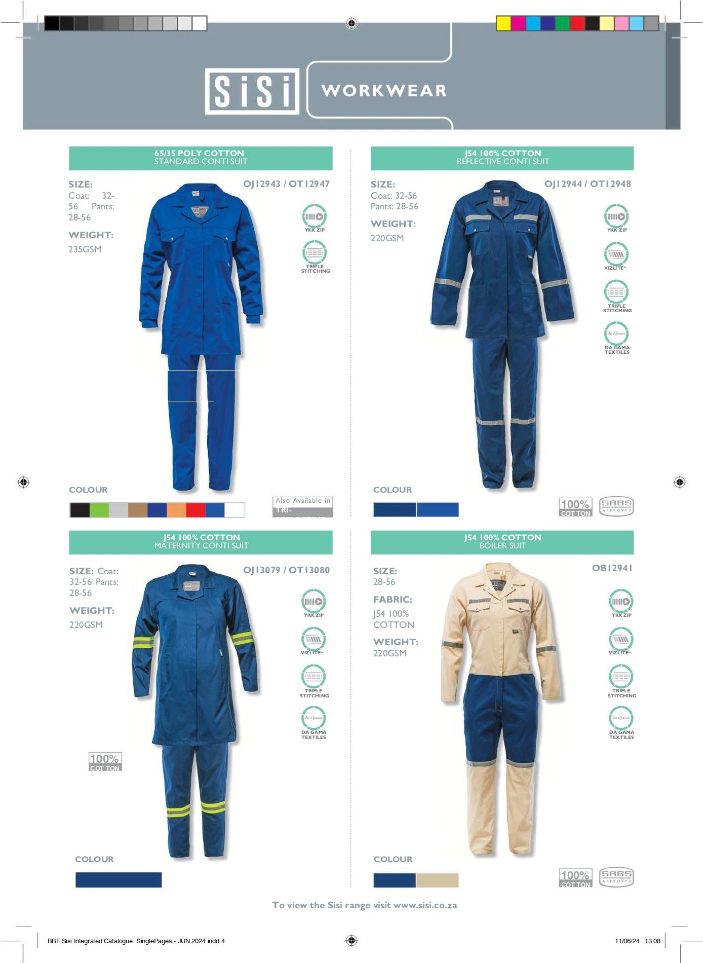 Four types of SiSi workwear uniforms in blue and beige colors.