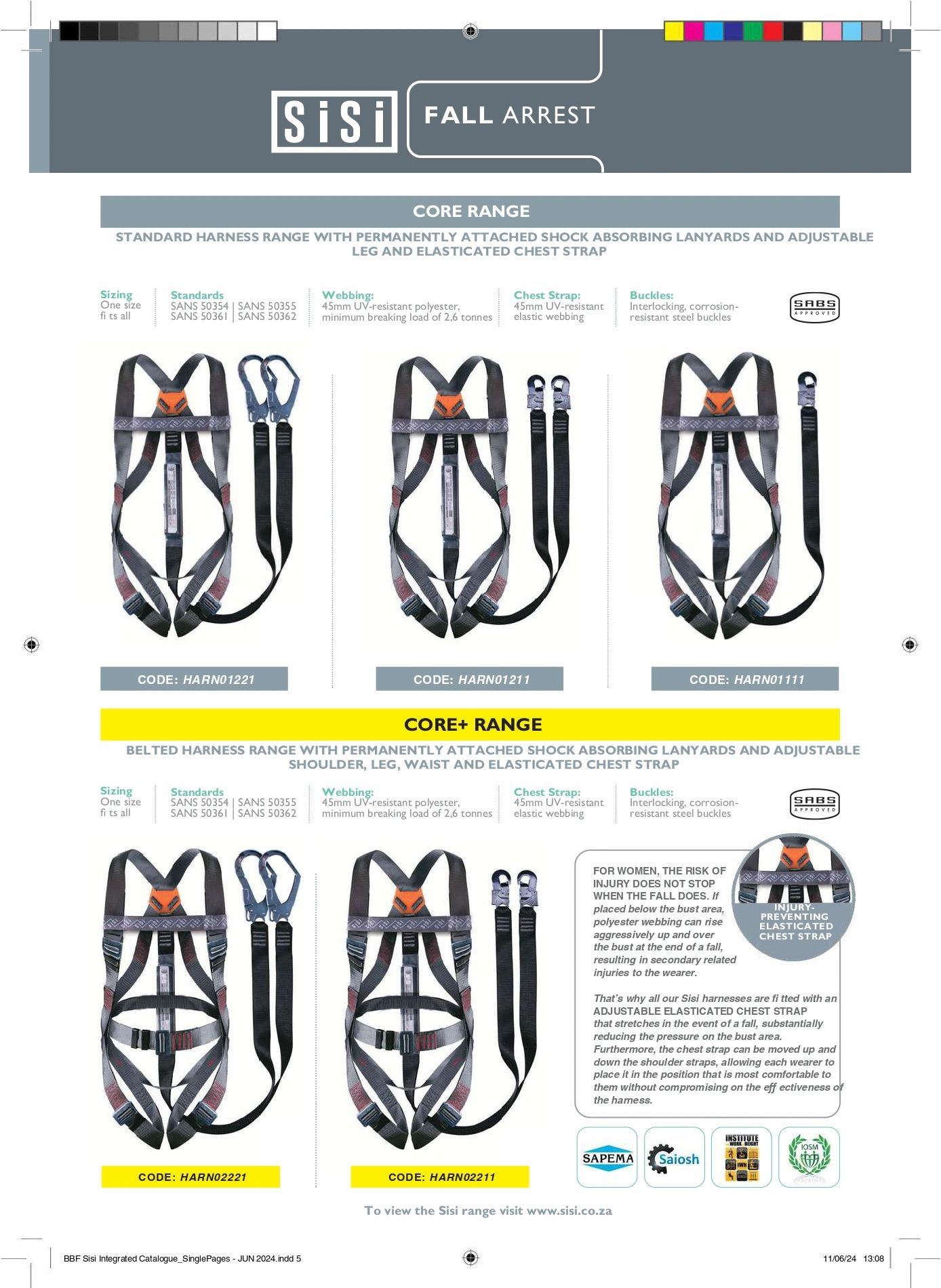SiSi Fall Arrest harnesses with shock absorbing lanyards and adjustable straps for safety.