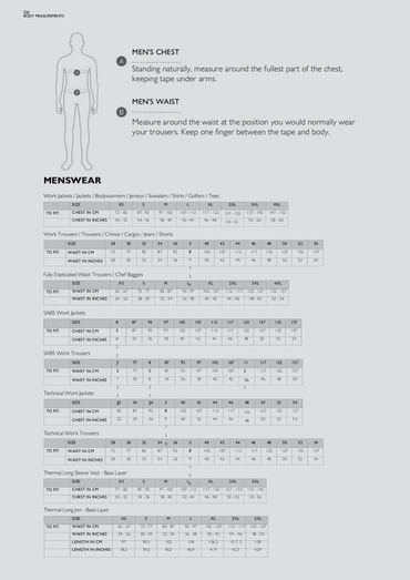 Menswear size guide with chest and waist measurements in inches and centimeters.