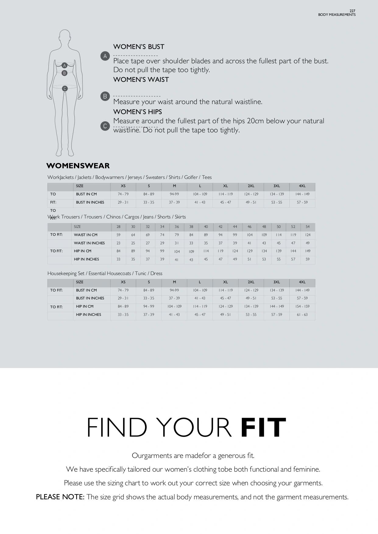Women's clothing size guide with measurement instructions and size chart.