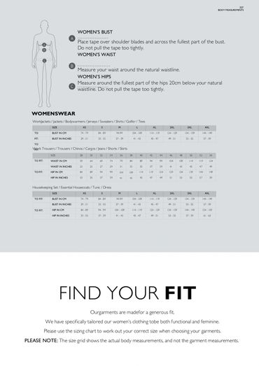 Women's clothing size guide with measurement instructions and size chart.