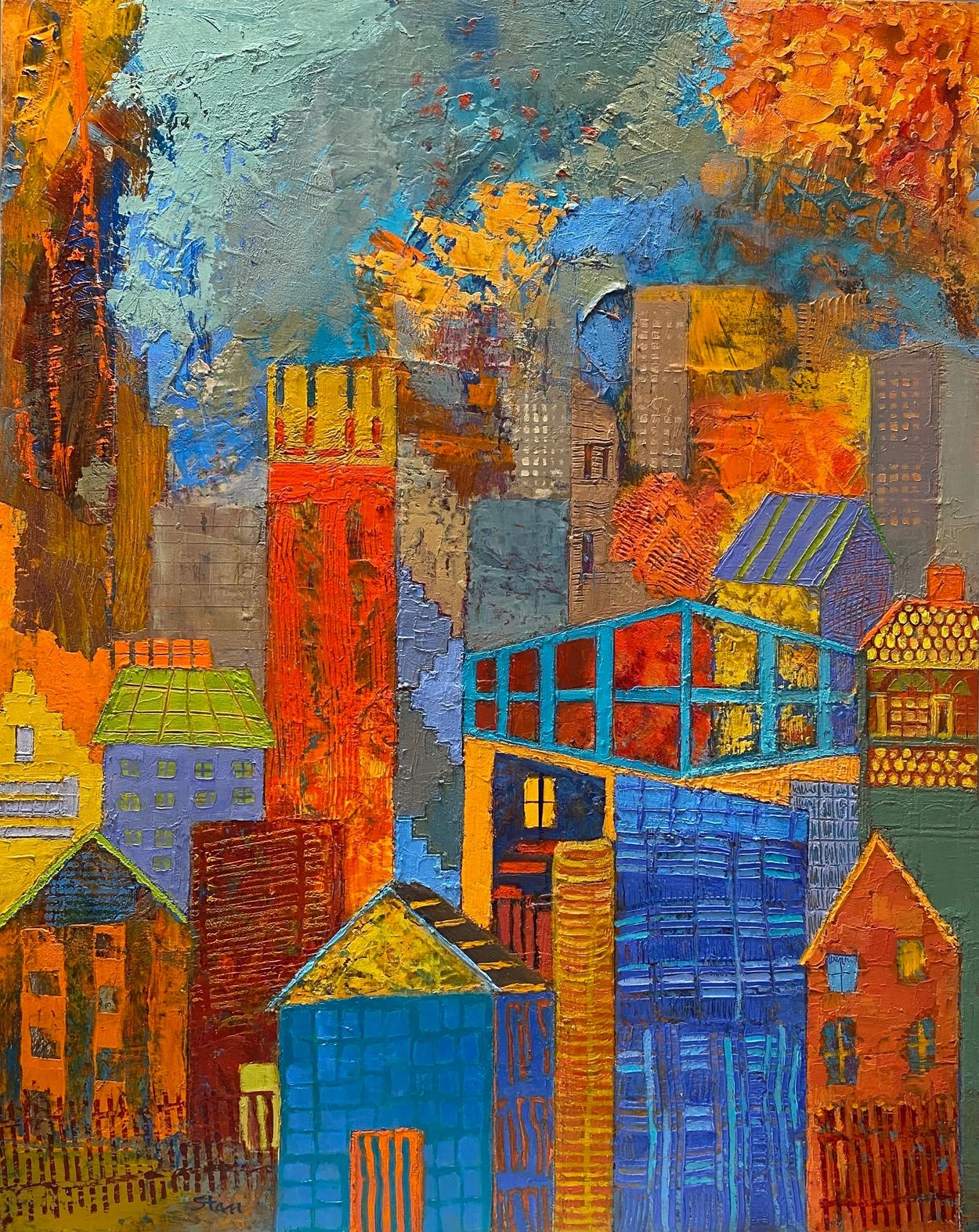 City with fire images in oranges, reds, blue, abstracted, fanciful