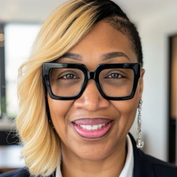 Smiling woman with blonde hair and large black glasses.