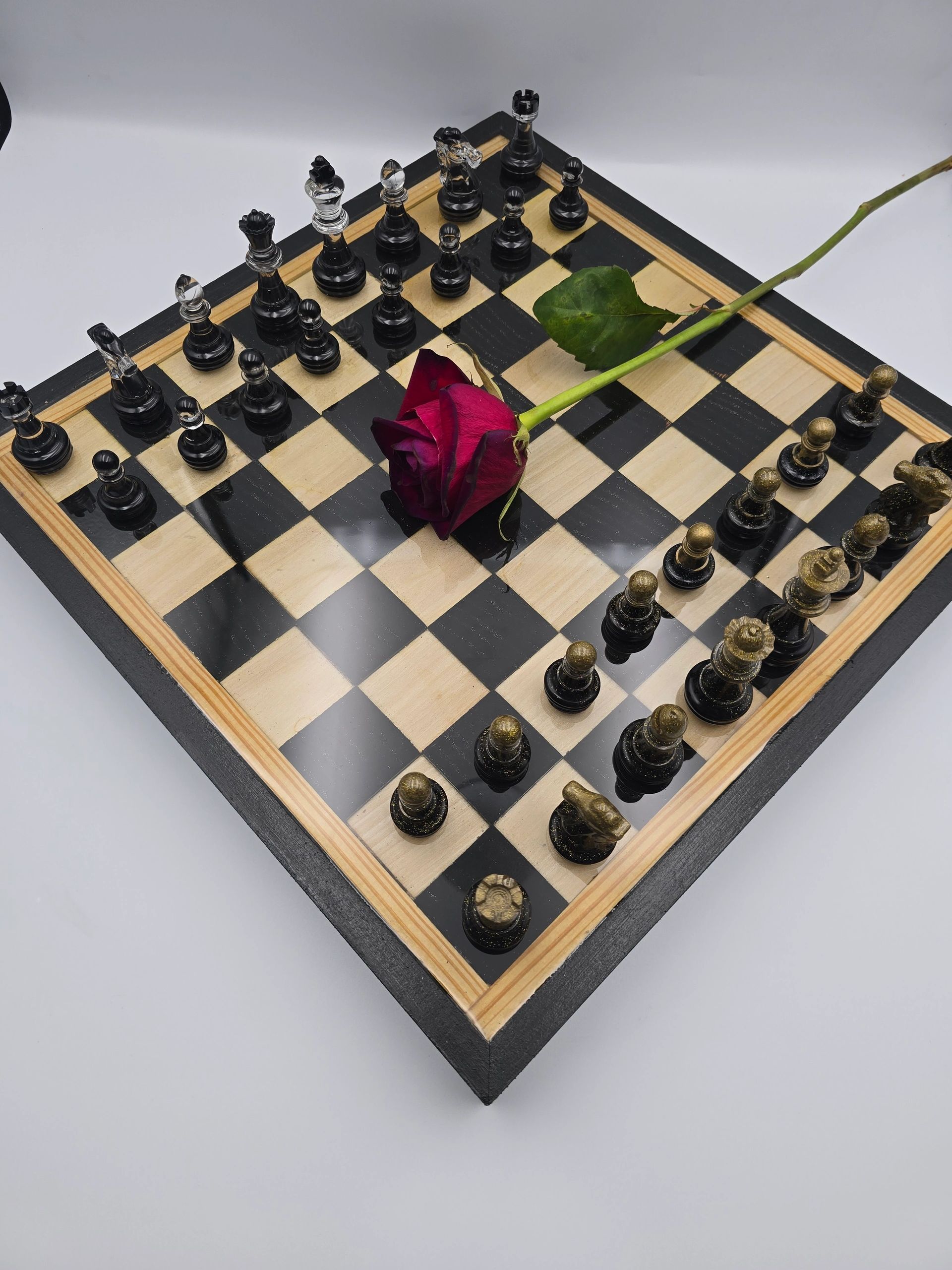 Elegant Wooden 14"x14"x1" Chess Board with Chessman and Resin Battle Field