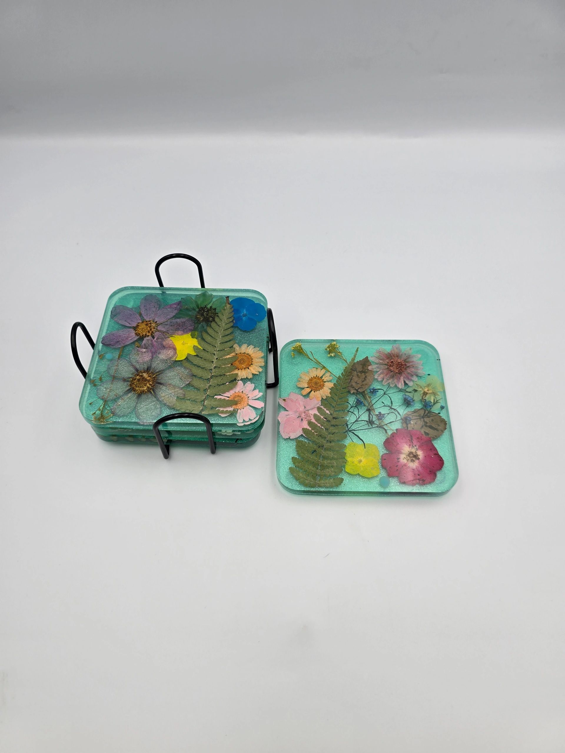 Handmade Large Coaster Set with No-Slip bottom and Metal holder