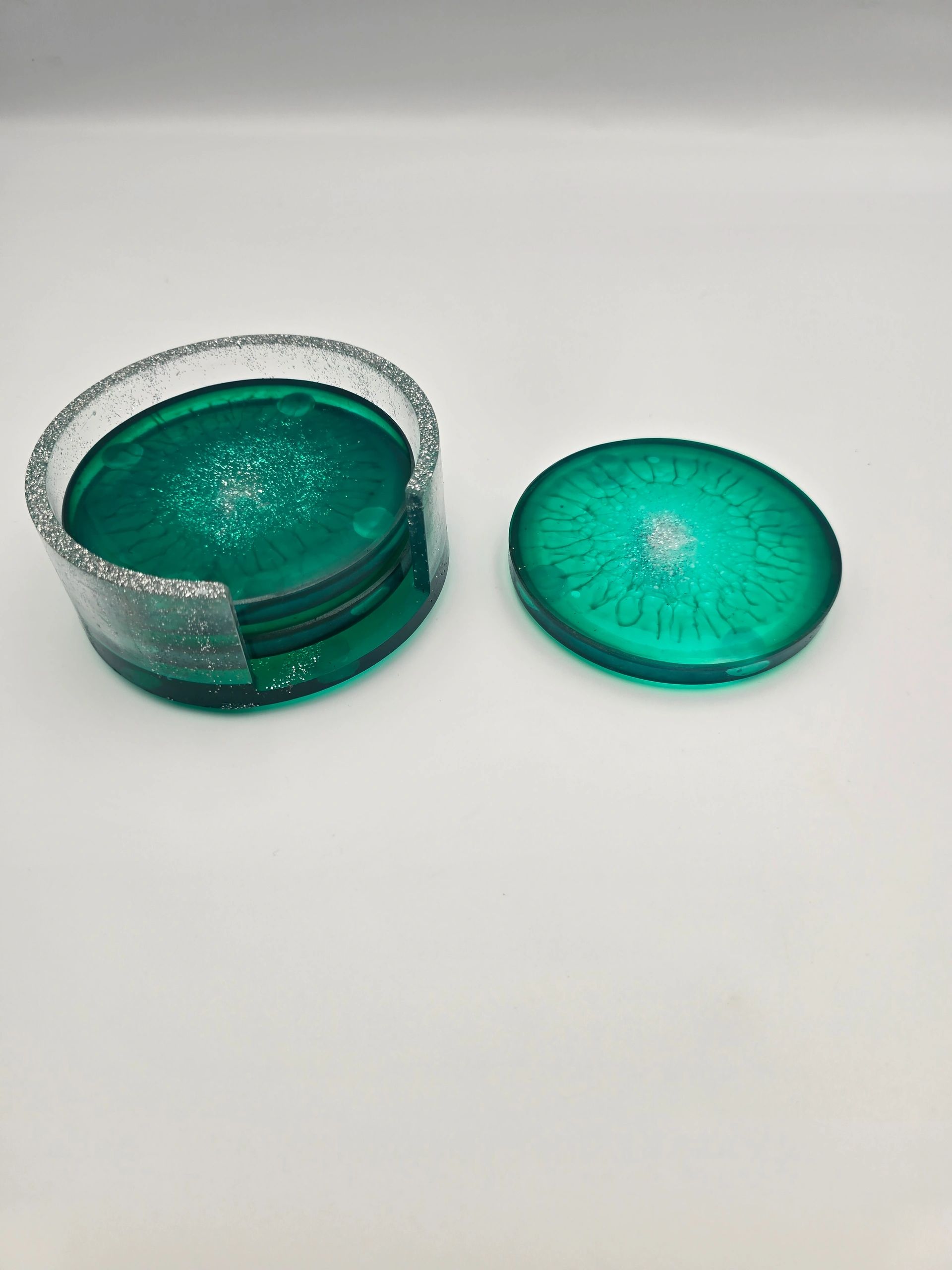 Round Standard Sized Coaster Set with Resin Holder and Cork, Rubber, or Felt Bottom