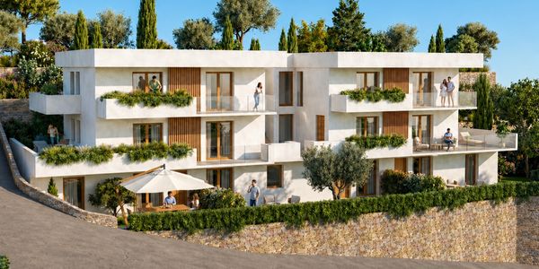 Modern white apartment building with balconies and greenery, featuring people enjoying the outdoor space.