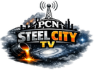 Steel City TV logo with fiery and smoky effects.