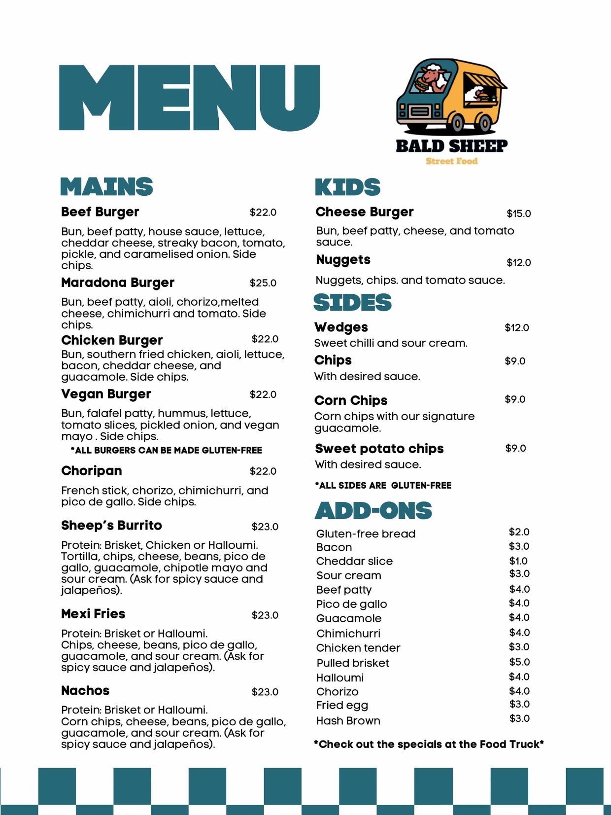 Bald Sheep Street Food menu featuring burgers, kids' meals, sides, and add-ons with gluten-free options.