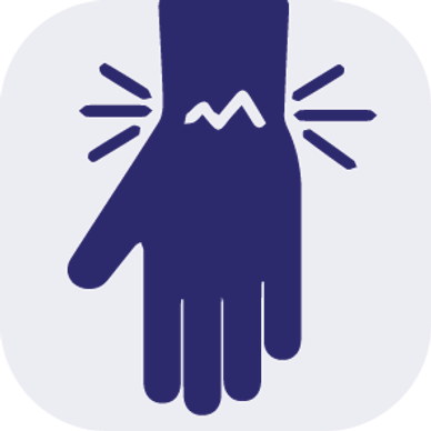Icon of a hand with wrist pain indicated by lines and a zigzag.