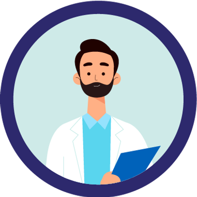 Illustration of a male doctor holding a clipboard inside a circular frame.