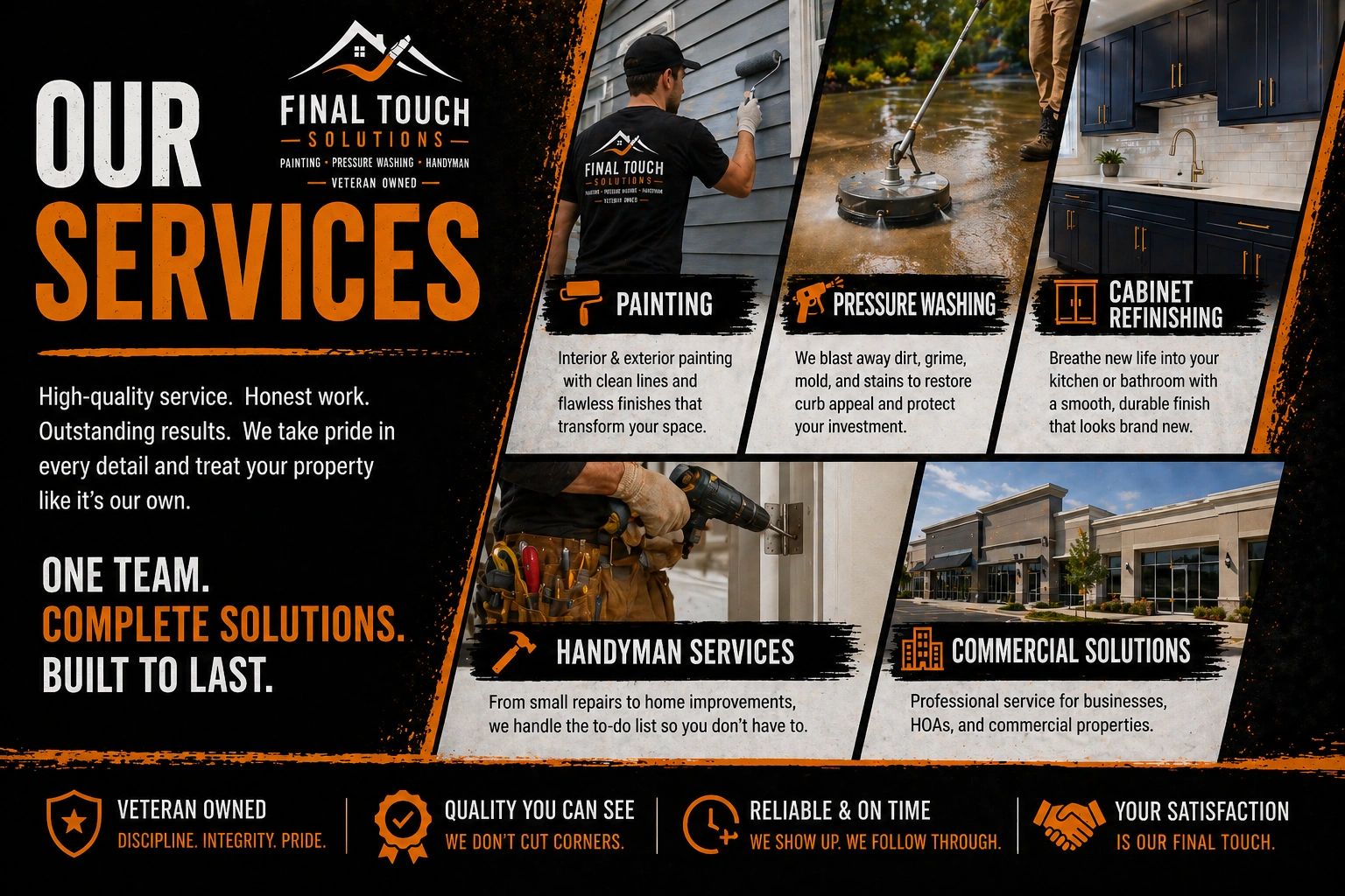 Final Touch Solutions offers painting, pressure washing, cabinet refinishing, handyman, and commercial services with quality and reliability.