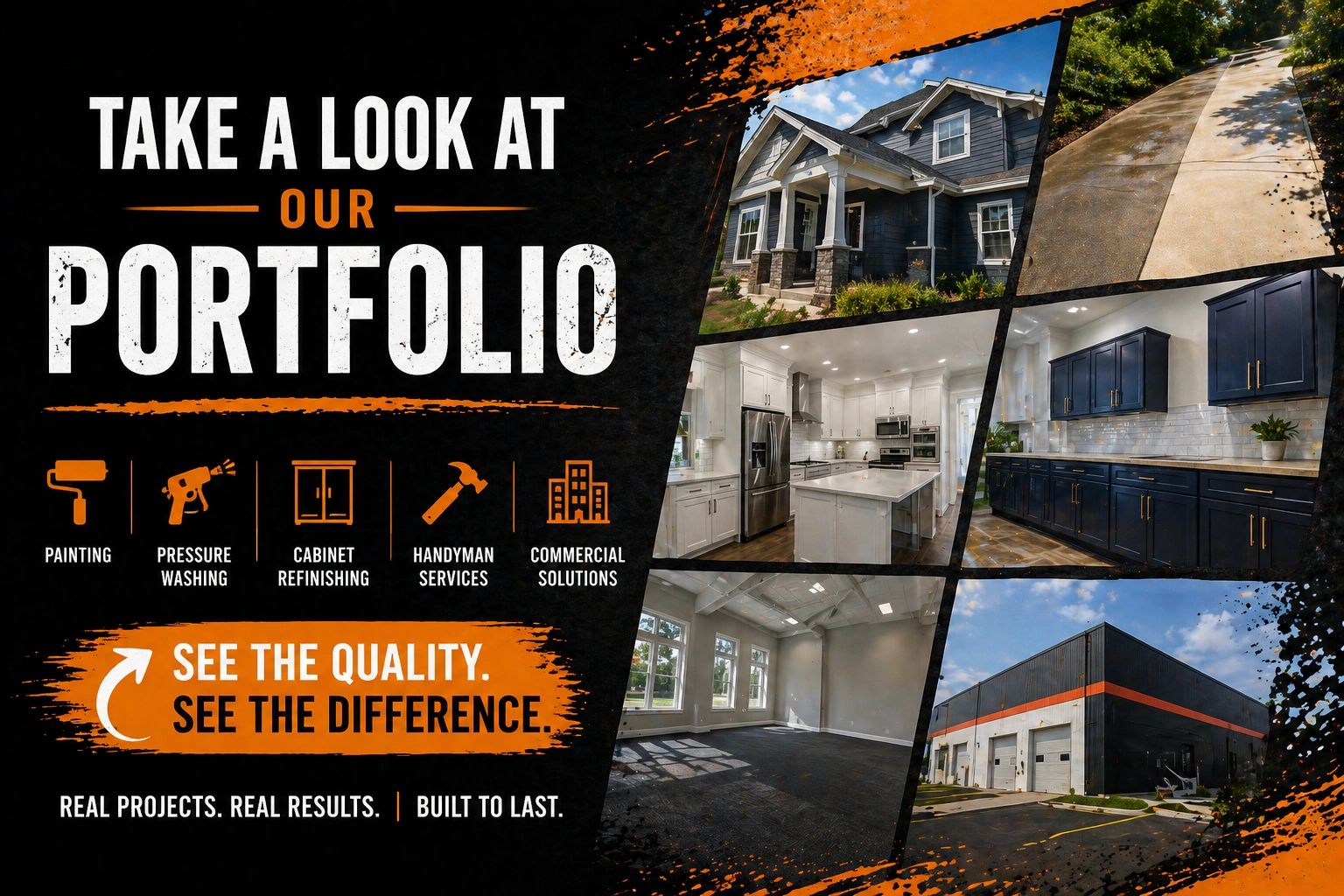 Home improvement services portfolio showcasing painting, pressure washing, cabinet refinishing, handyman, and commercial work.