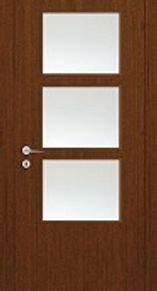 Elegant wood door with three glass panels, combining natural beauty and modern design for interiors.