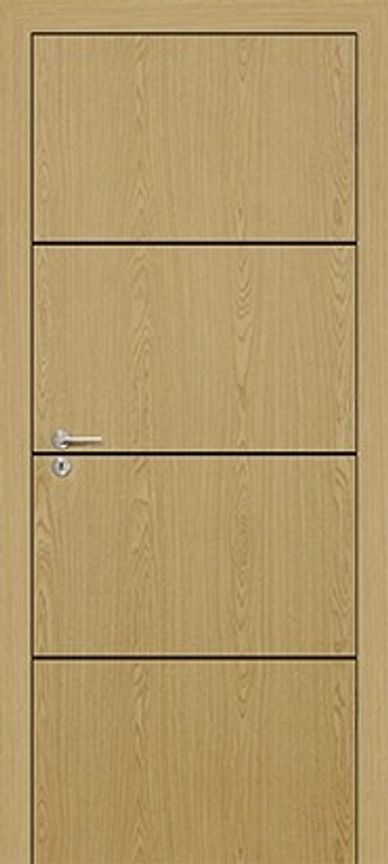 Natural oak door with four horizontal panels and a sleek silver handle.