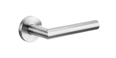 Modern stainless steel door handle with sleek angular design, perfect for contemporary interiors.