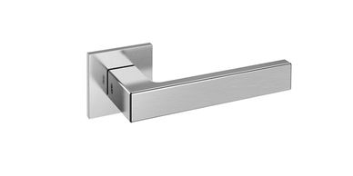 Modern brushed stainless steel door handle with minimalist square rose and ergonomic lever design.