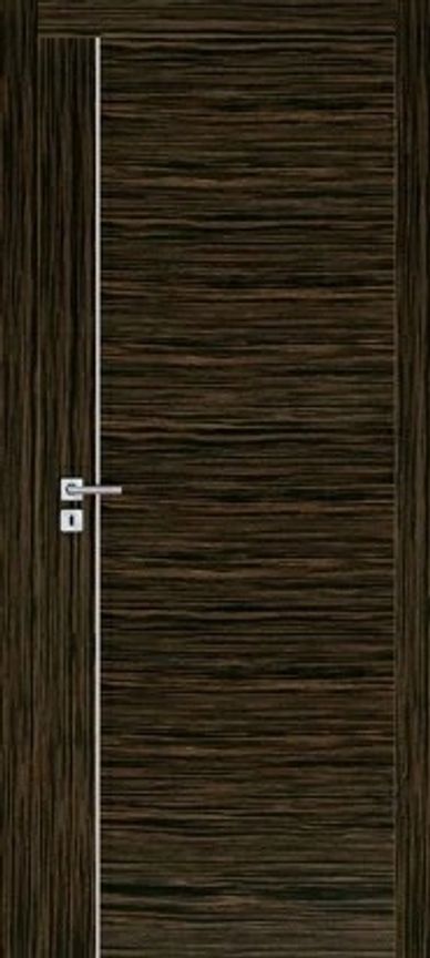 Dark wood modern interior door with vertical silver metal inlay near the left edge, silver lock