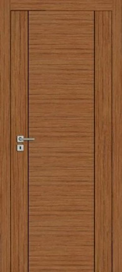 Modern interior wooden door with vertical wood grain panels and silver handle on the left side.