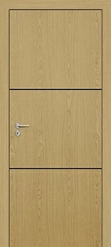 Natural oak door with three horizontal panels and a silver handle.