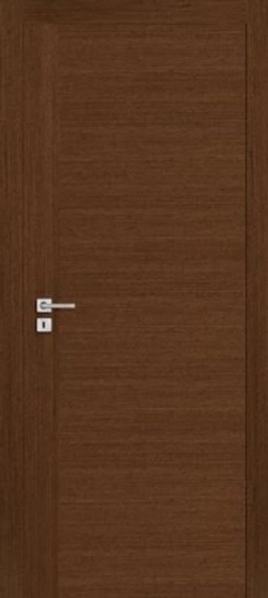 Sleek modern brown wood interior door with minimalist design and a silver handle and lock.