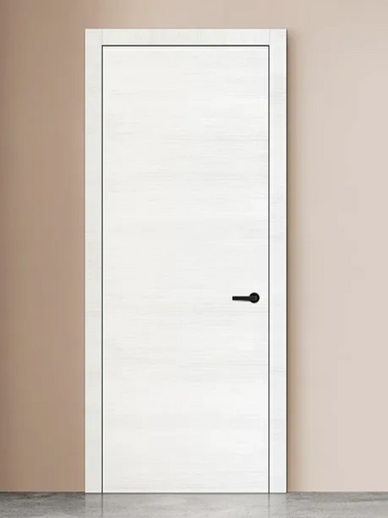 Modern minimalist interior featuring a white European interior door with black handle.