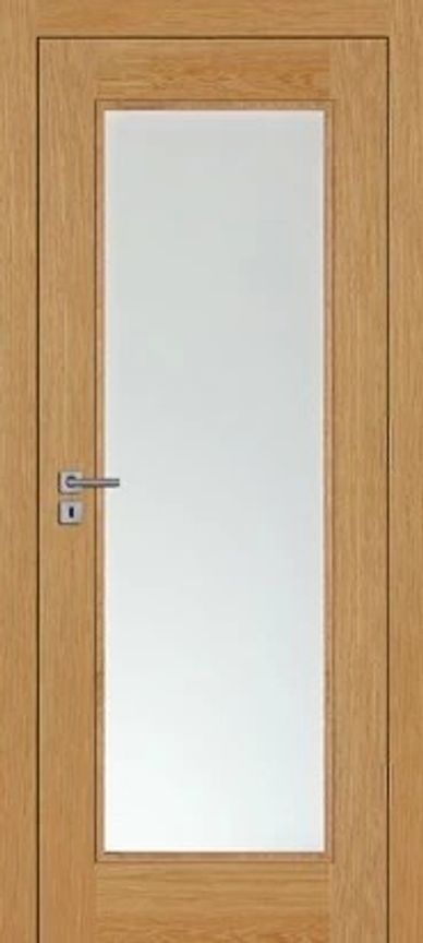 Modern interior door with natural wood frame and large clear glass panel, silver handle and lock 