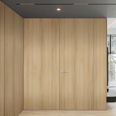 Modern wooden door with concealed hinges, integrated in living room wall for seamless design.