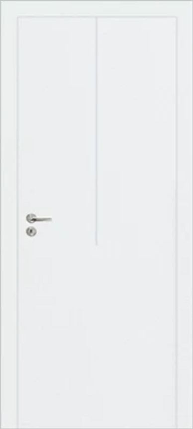 Modern white door with single vertical groove design and silver door handle.