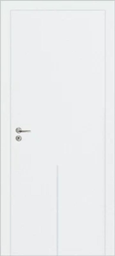 White interior door with minimalist vertical groove starting near the bottom and sleek silver handle.
