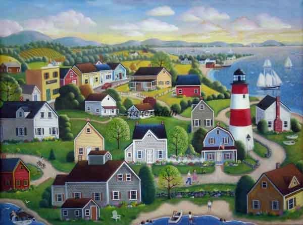 Lighthouse Coast  18"x24"  Acrylic painting on board. Busy harbor with lighthouse, sailboats. 