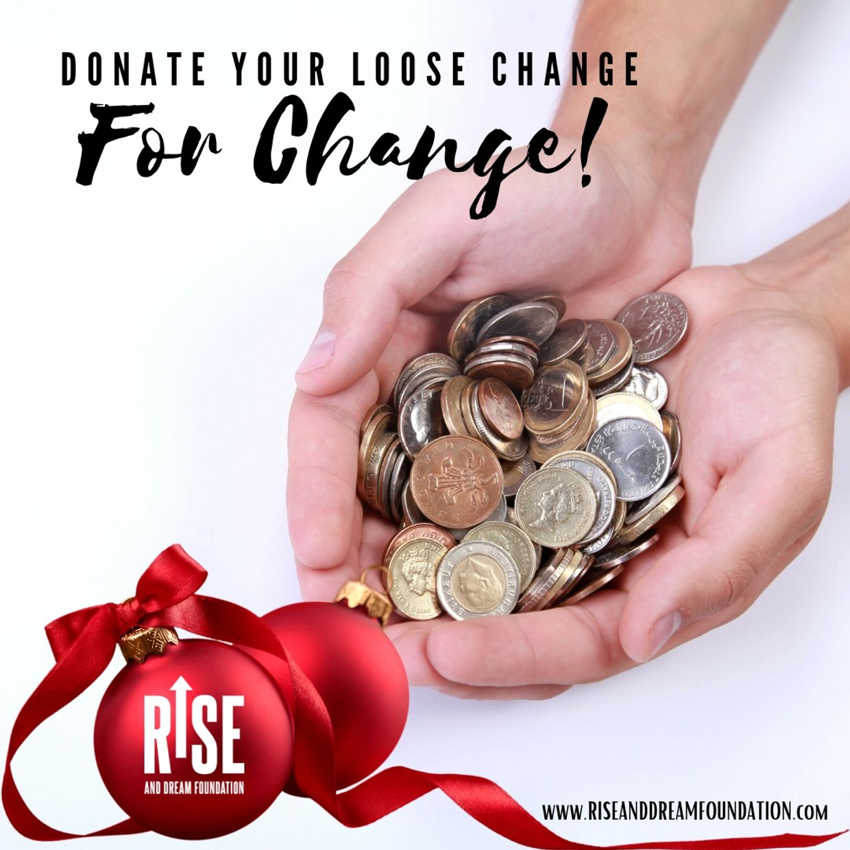 Hands holding coins with a message to donate loose change for charity.