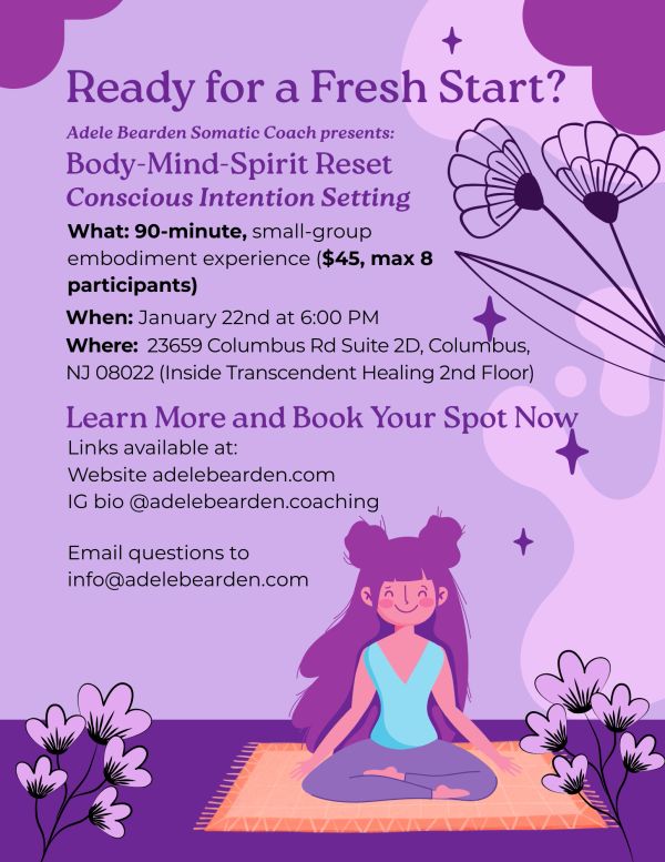 Illustration promoting a 90-minute body-mind-spirit reset session with a meditating woman on a purple background.