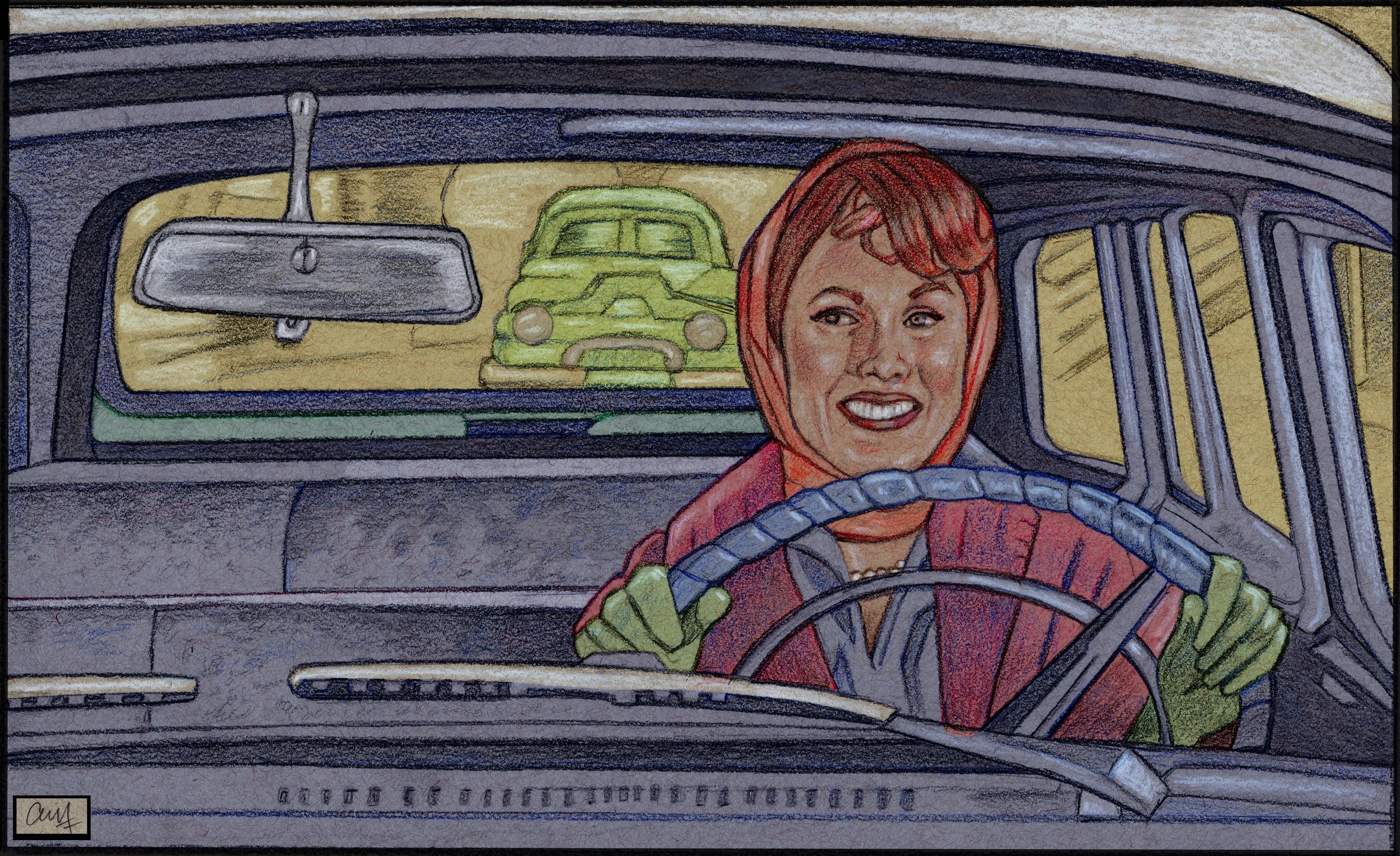 Illustration of a smiling woman driving a car with a vintage green car behind her.