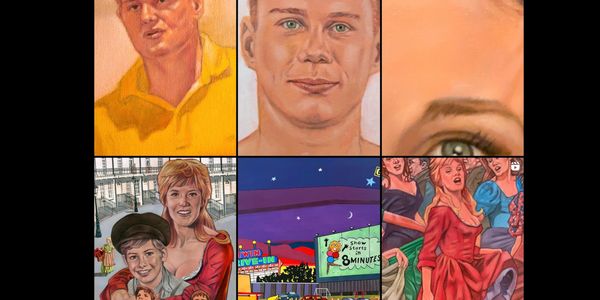 A collage of colorful paintings and illustrations with various characters.
