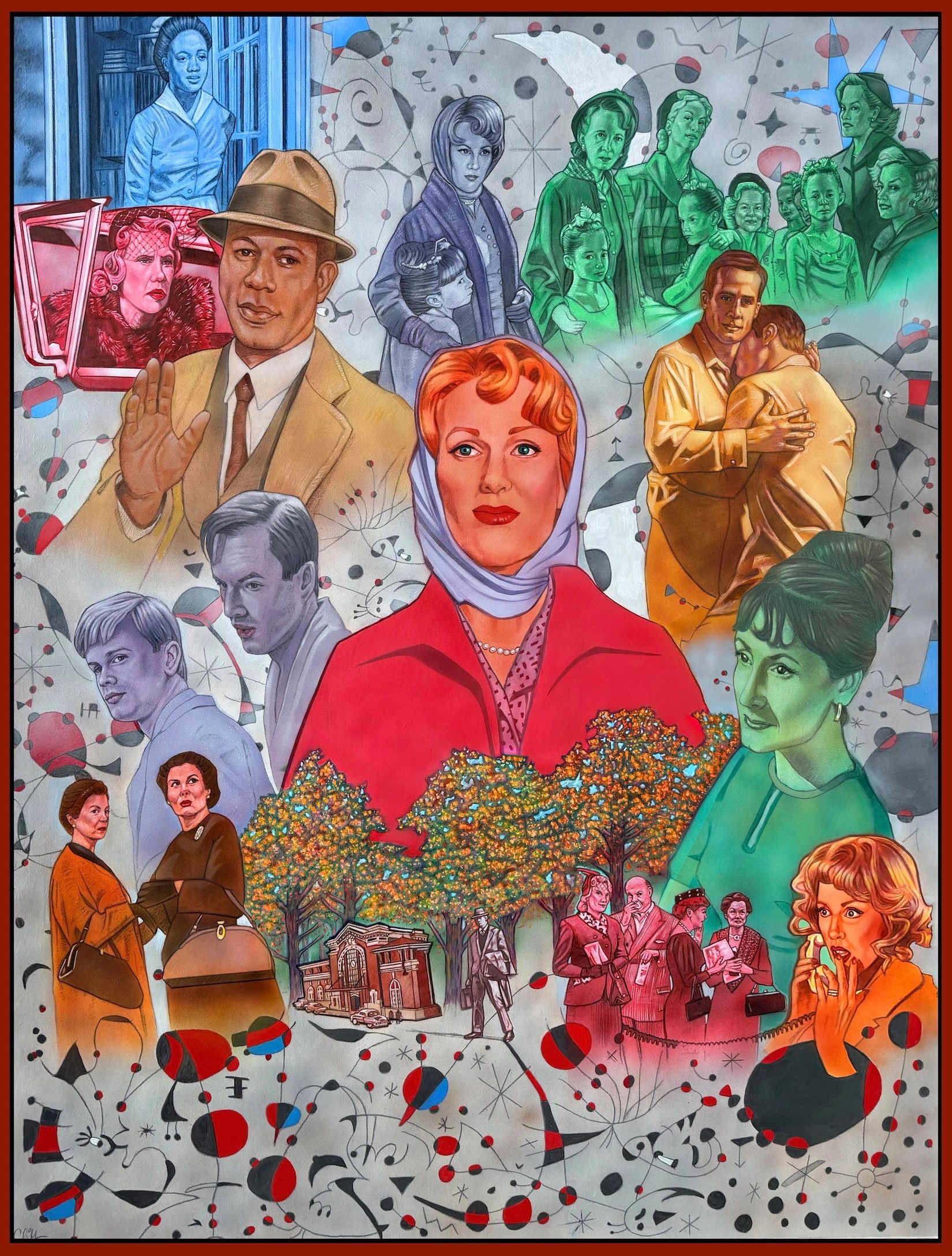 Colorful mural depicting diverse people and scenes in various hues.