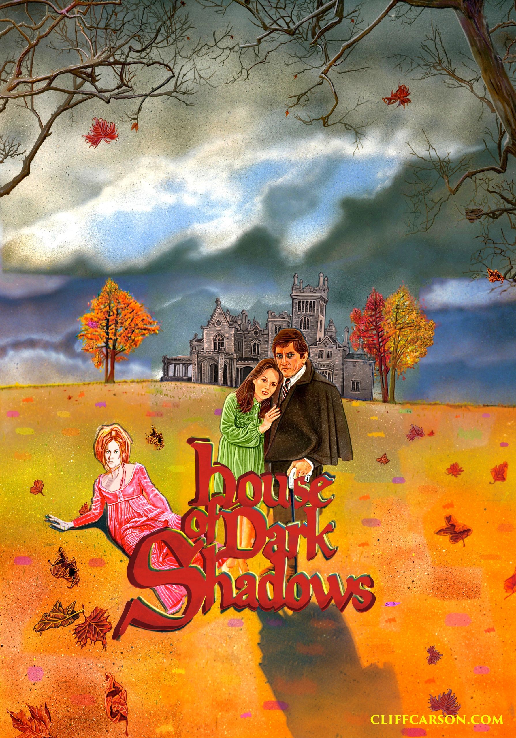 Illustrated poster for "House of Dark Shadows" with autumn scenery.