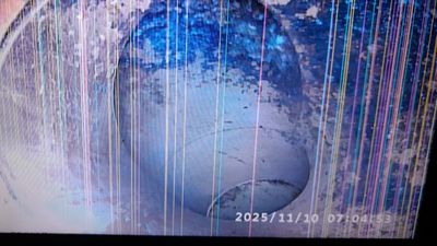 A CCTV drain survey is in progress following clearance upstream of the property manhole.