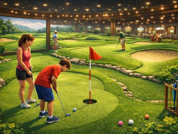 Family playing mini golf indoors under string lights.