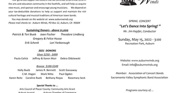 Concert flyer for Auburn Winds spring concert in 2022.