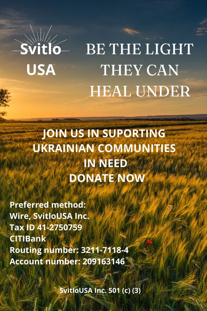 Donation appeal to support Ukrainian communities by SvitloUSA with bank details provided.