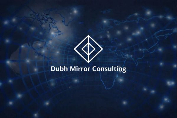 Dubh Mirror Consulting logo over a digital world map background.