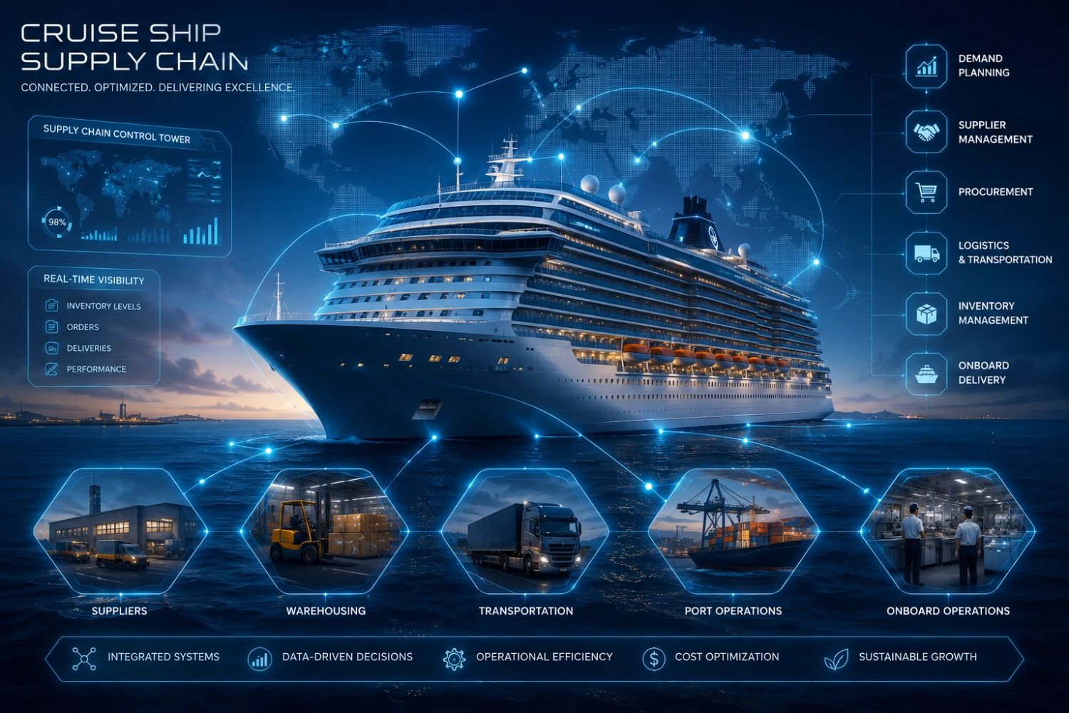 Cruise ship supply chain showcasing integrated systems and real-time visibility for optimized operations.